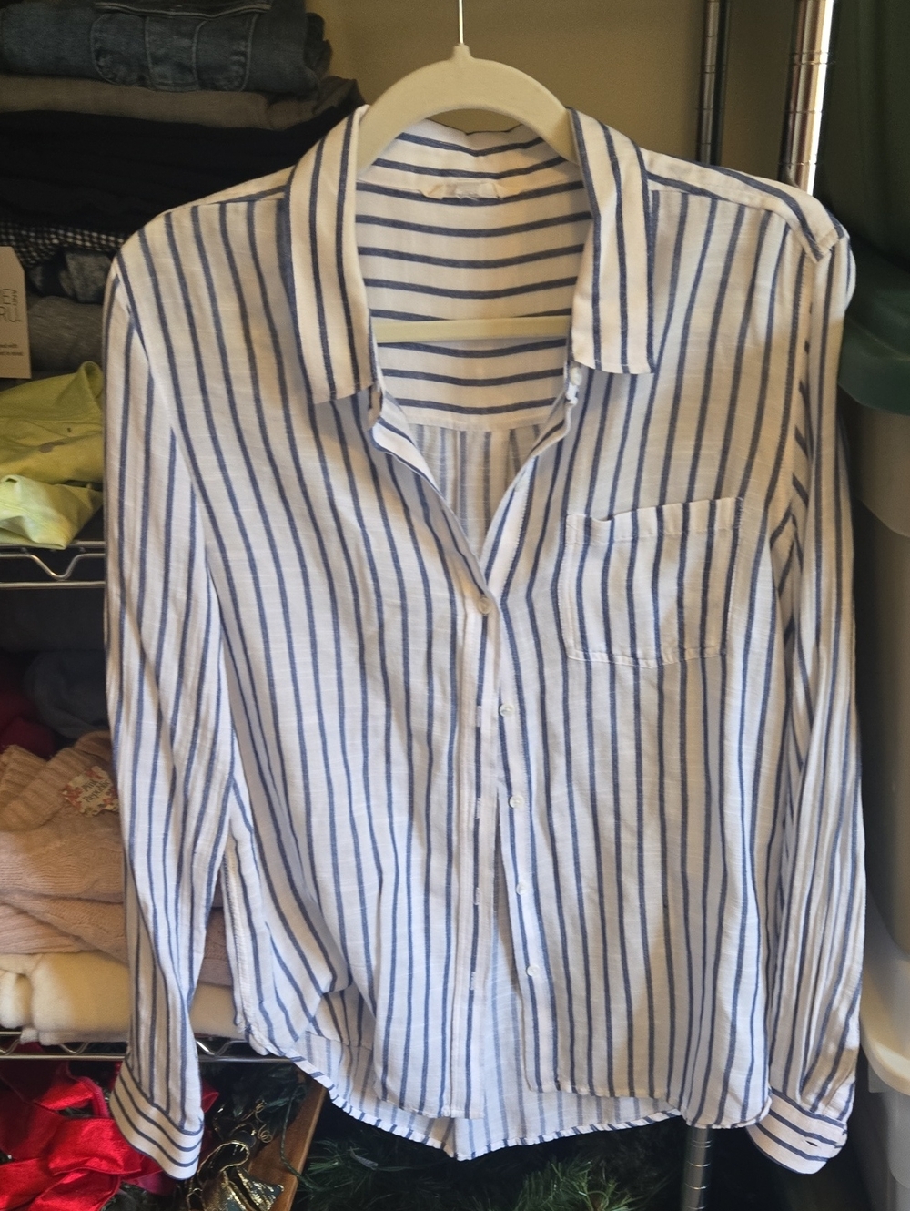 Blue and White Striped Womens Button-Up Shirt